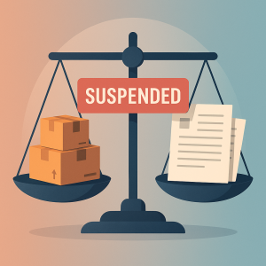 Illustration of balanced scales, packages, documents, and a suspended notice to depict Amazon account suspension