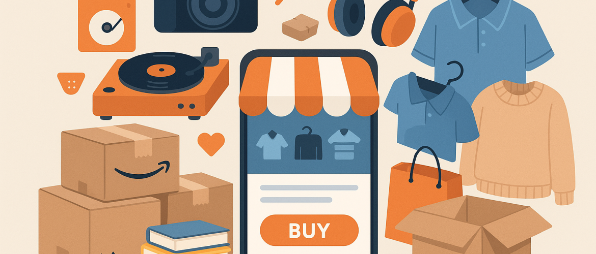 Abstract illustration of an online marketplace with shipping boxes, smartphone, and used items