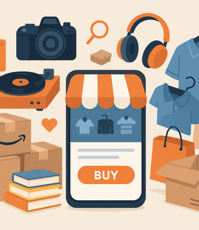 Abstract illustration of an online marketplace with shipping boxes, smartphone, and used items