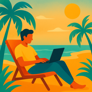 Illustration of an online seller relaxing on a beach while using a laptop