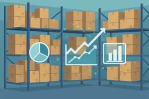 Warehouse interior with boxes and analytics overlays