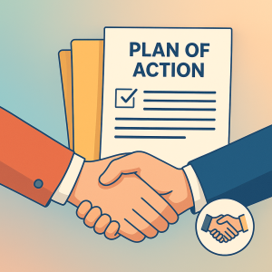 Illustration of a handshake and plan of action document representing an Amazon appeal plan